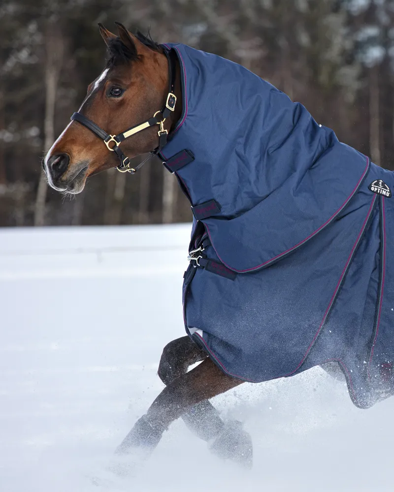 Rambo Optimo 150g Medium Weight Turnout Rug Neck/Hood Navy/Burgundy/Teal